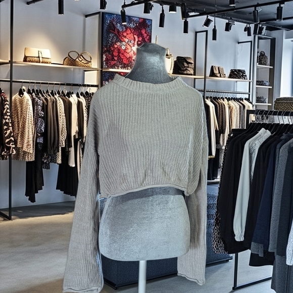 Wild Fable Grey Women Knit Cropped Pullover Sweater Ribbed Crew Neck Long Sleeve - Picture 2 of 6